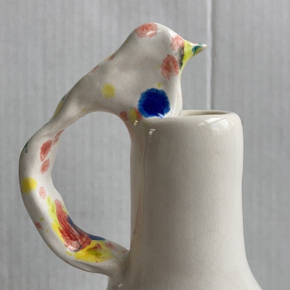 Creamy white bird handle pottery vase pitcher - Picture 6 of 13